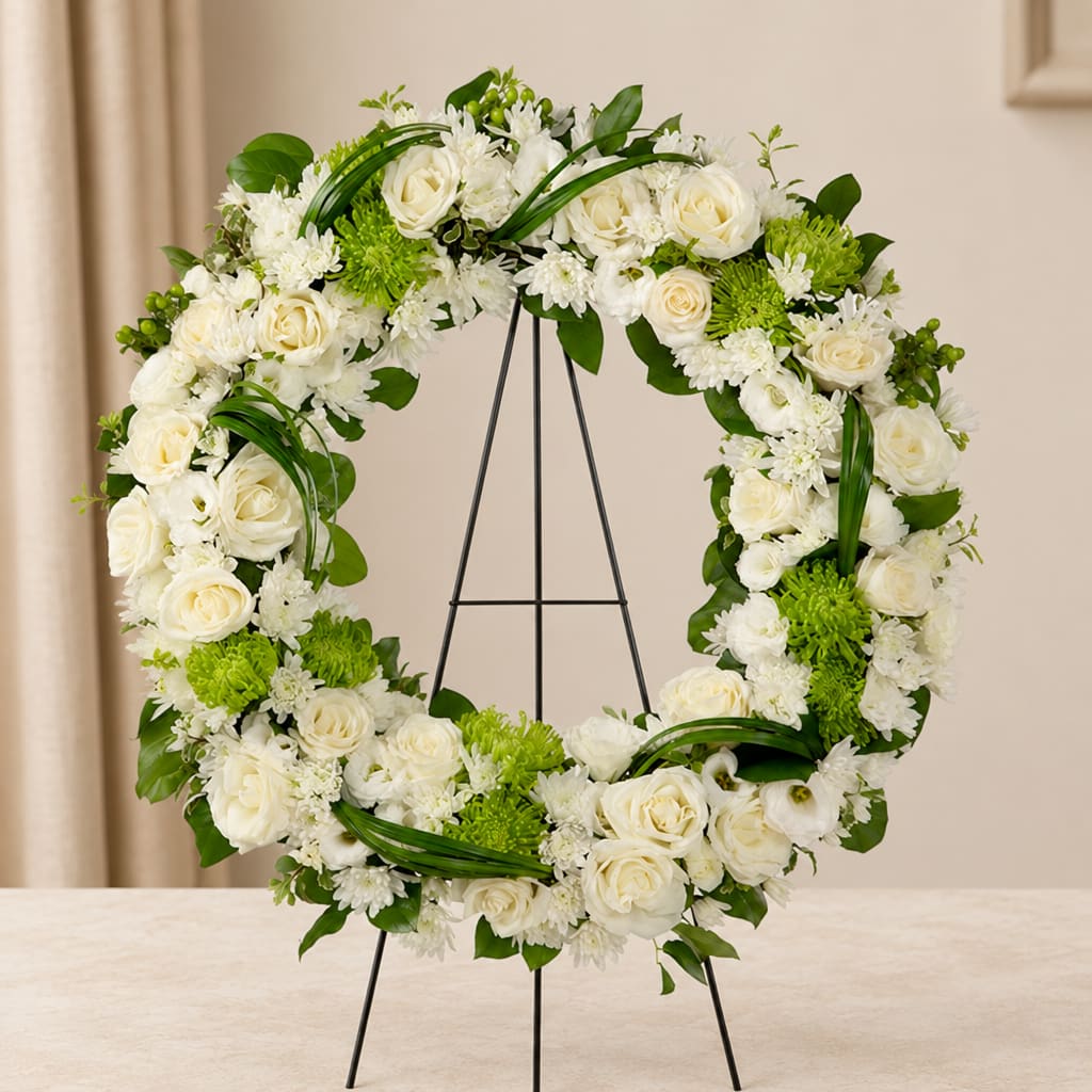 White and green floral wreath on a black stand