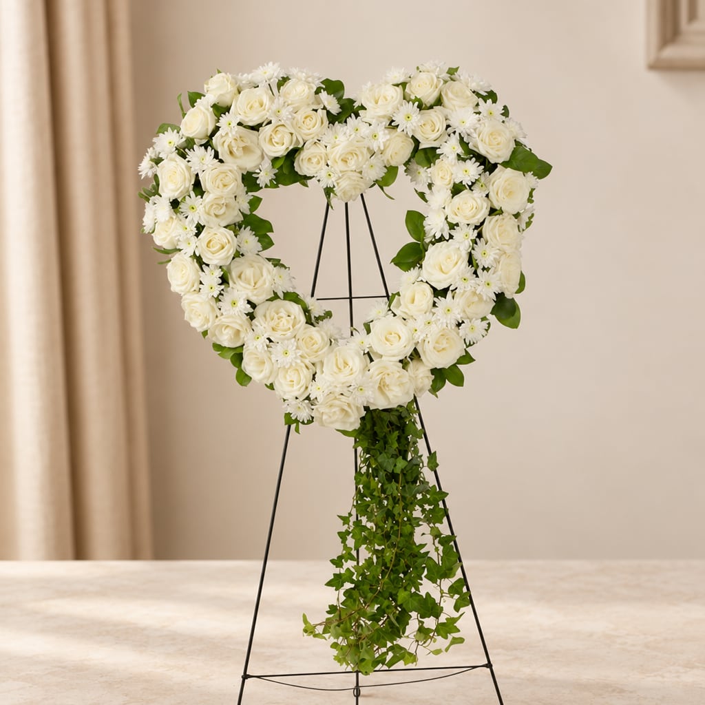Heart-shaped white rose wreath on a black stand with trailing greenery