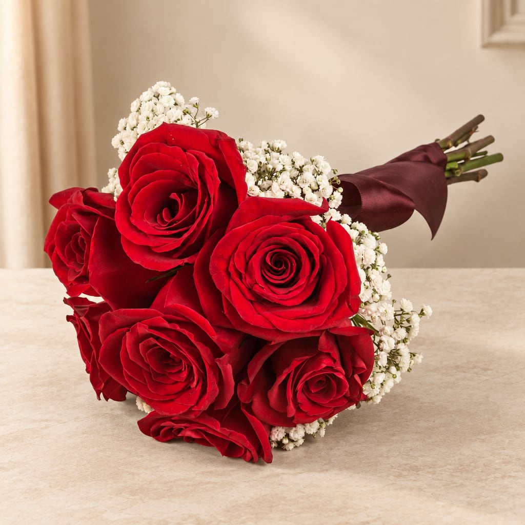 Bouquet of red roses with white baby's breath wrapped in burgundy paper