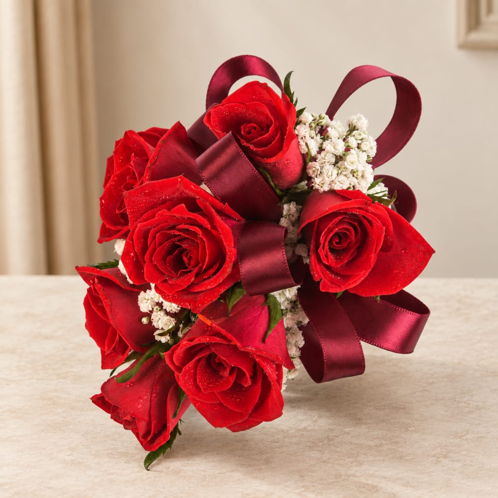 Bouquet of red roses with burgundy ribbon and small white filler flowers