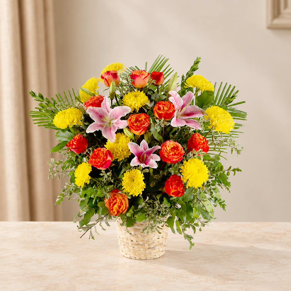 Basket arrangement of pink lilies, red roses, and yellow mums