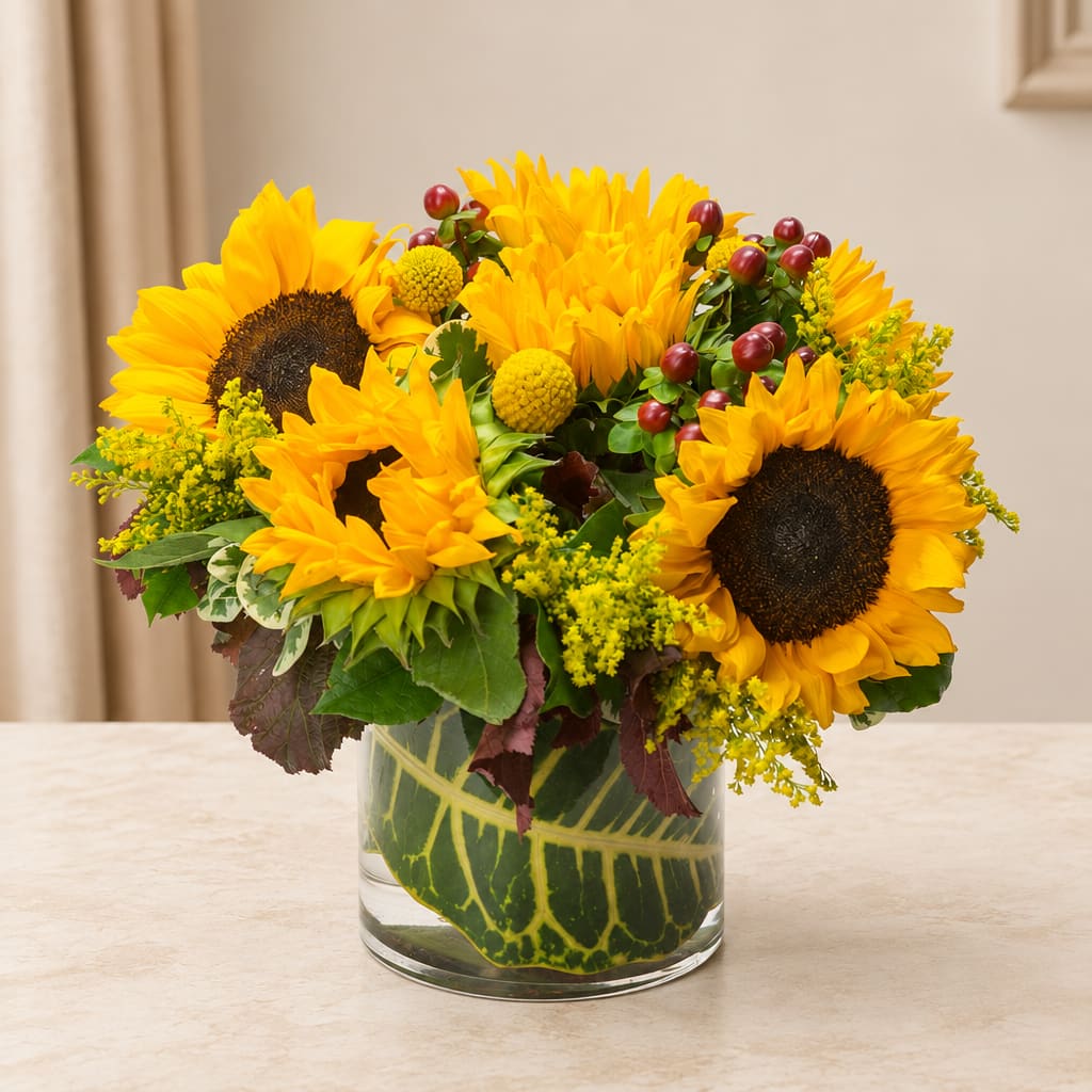 Sunflower arrangement in a glass vase with yellow filler flowers