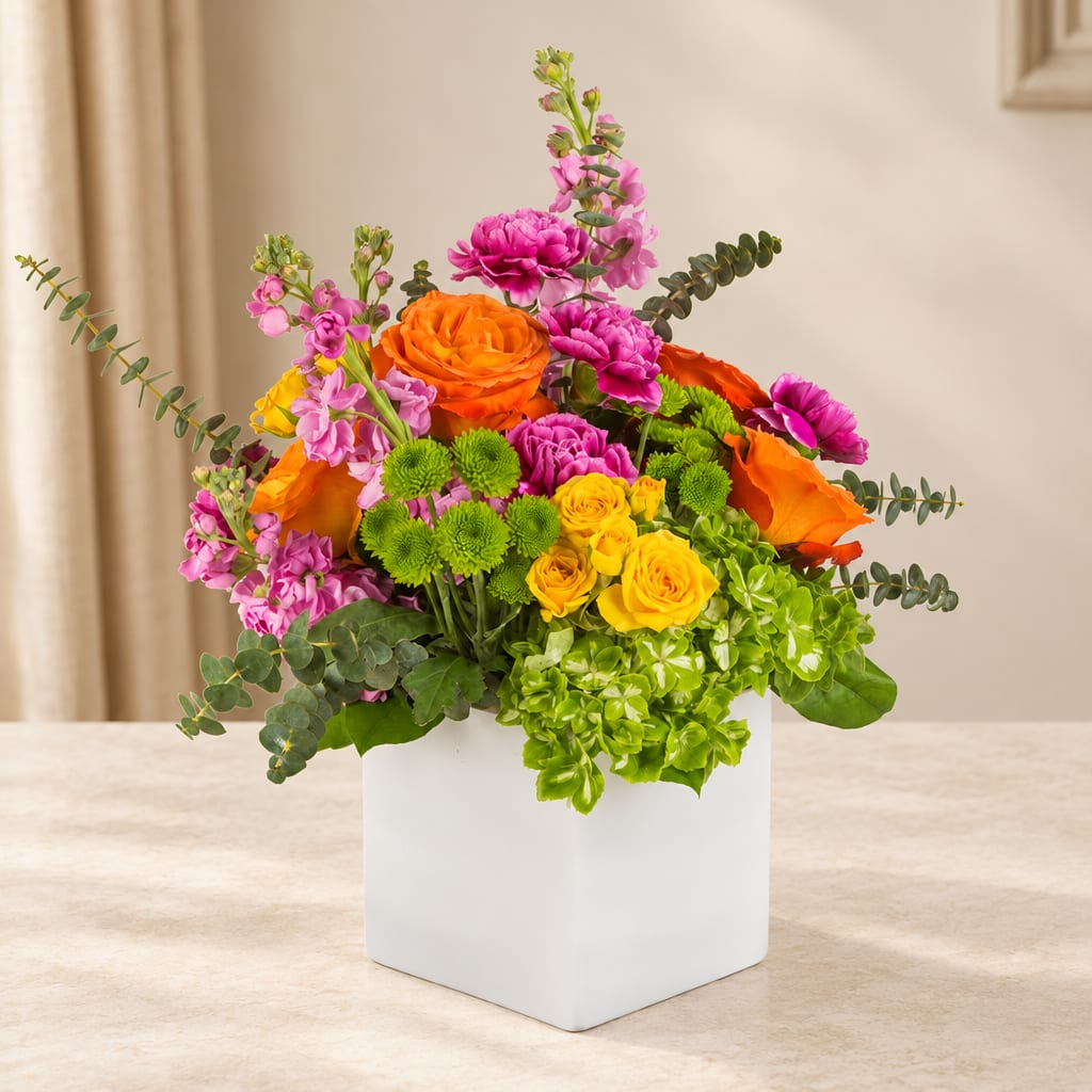 Bright mixed bouquet in a white square vase with orange, pink, and yellow blooms