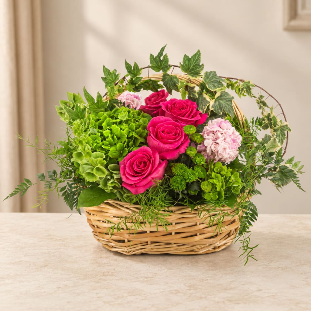 Pink roses and green hydrangeas in a wicker basket