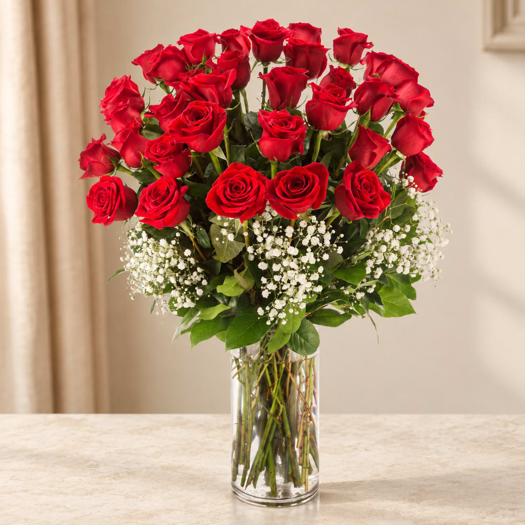 Red roses arranged in a clear glass vase with white filler flowers