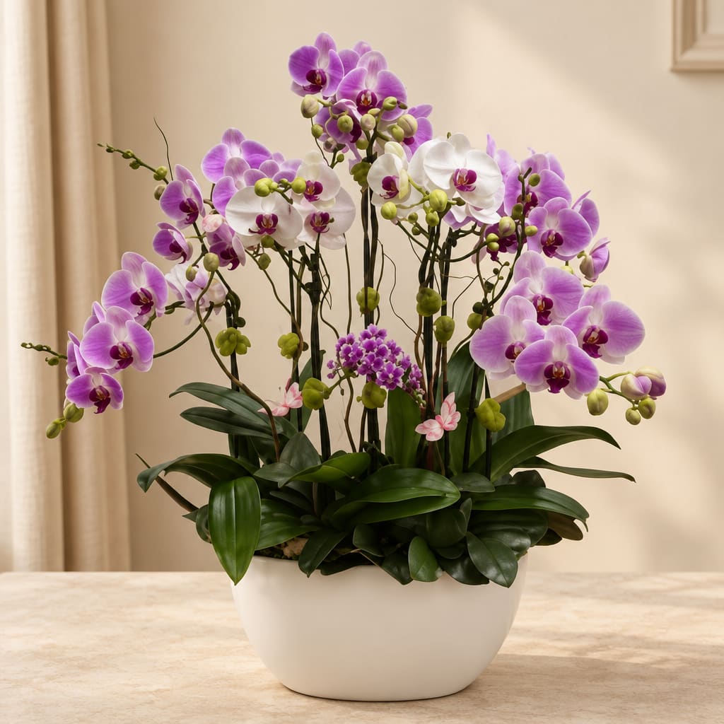 Purple and white orchids arranged in a white pot