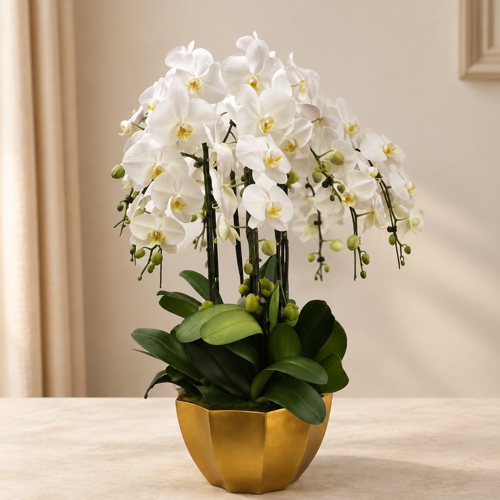 White orchid arrangement in a gold pot on a table