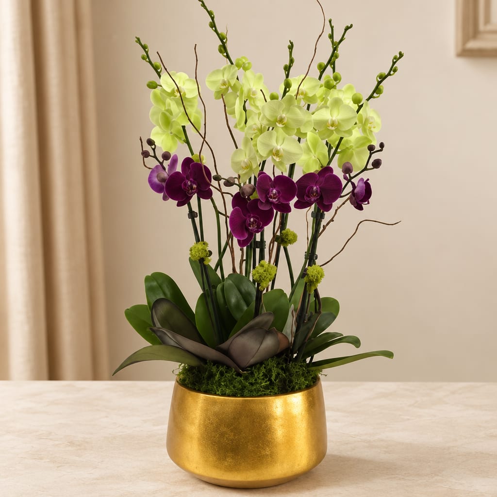 Purple and pale green orchids in a gold pot