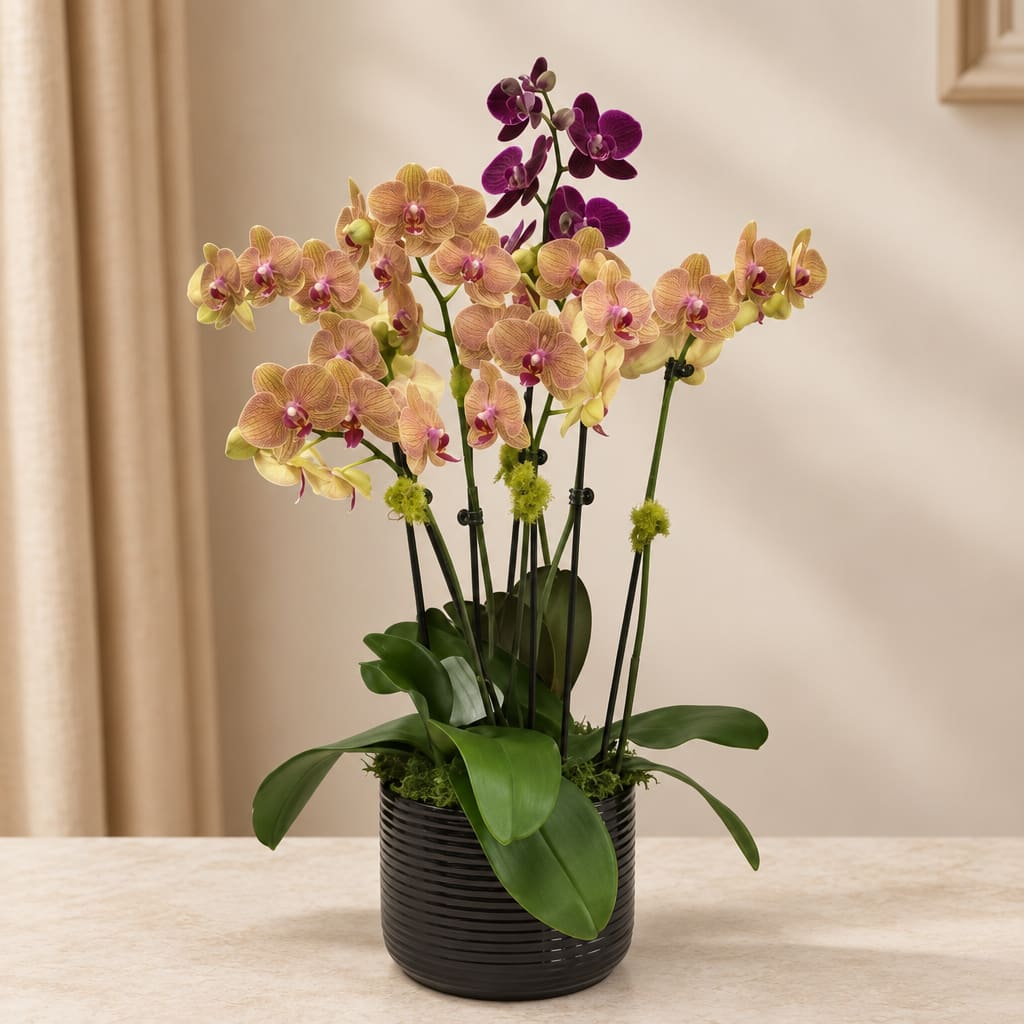 Potted orchid arrangement with pink, yellow, and purple blooms in a black container