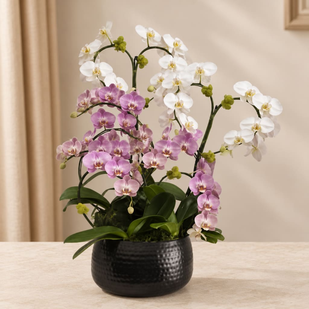 Potted orchid arrangement with white and lavender blooms in a black container