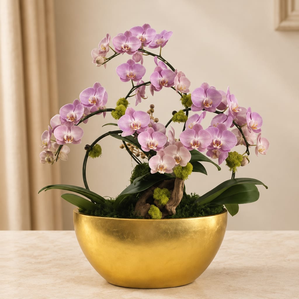Pink orchids arranged in a gold bowl planter