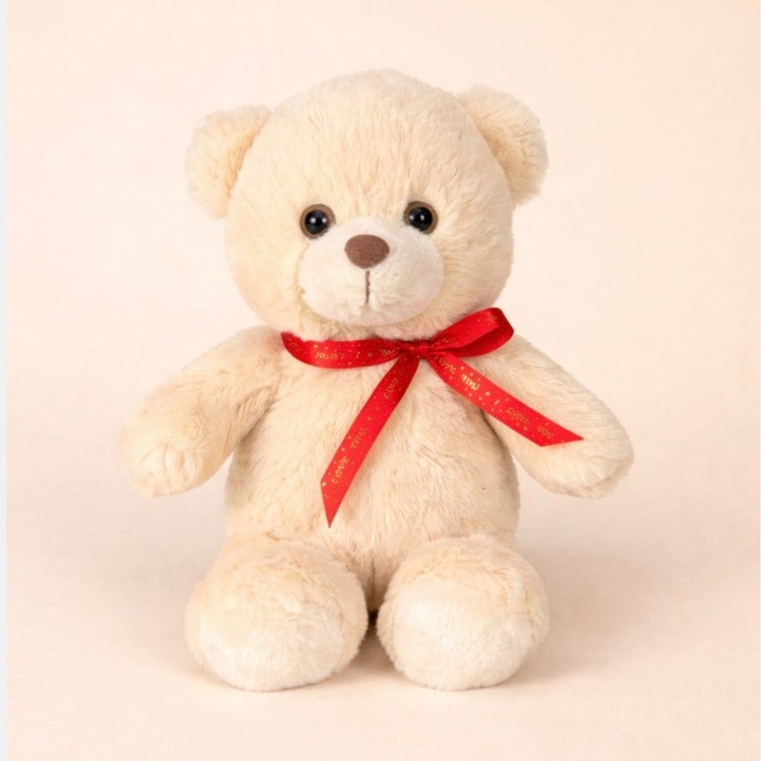 Cream teddy bear with a red ribbon bow on a plain background