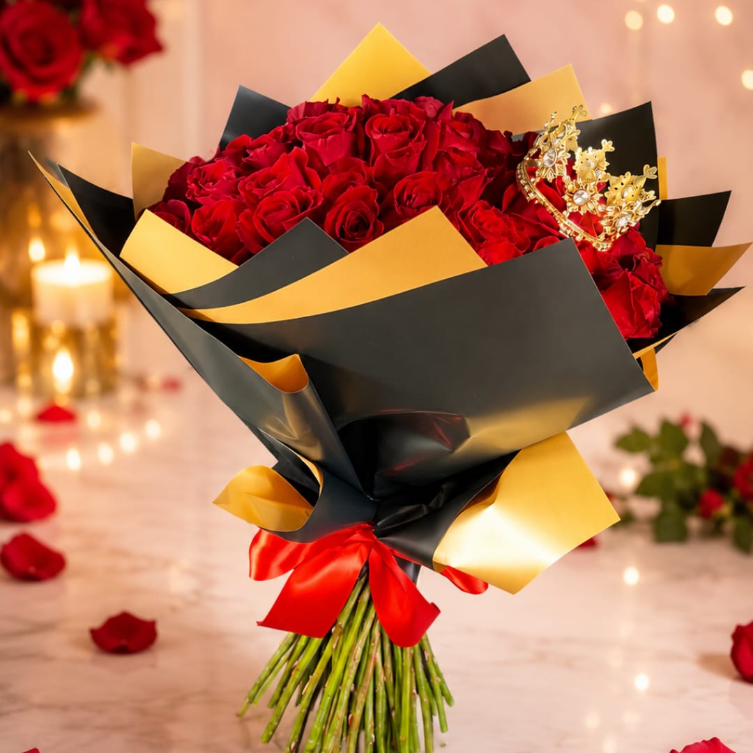 Bouquet of red roses wrapped in black and gold paper with a red ribbon