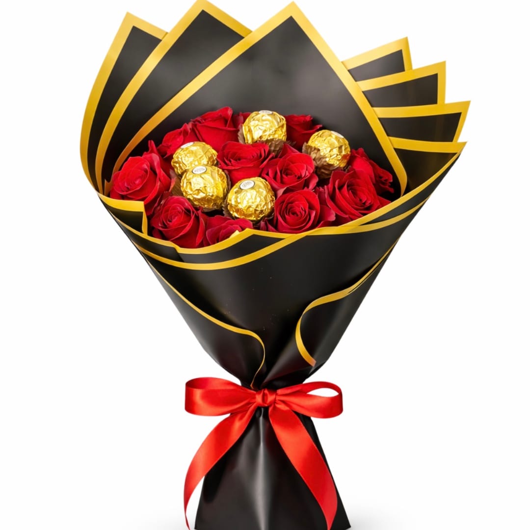 Bouquet of red roses with gold-wrapped chocolates in black and gold paper