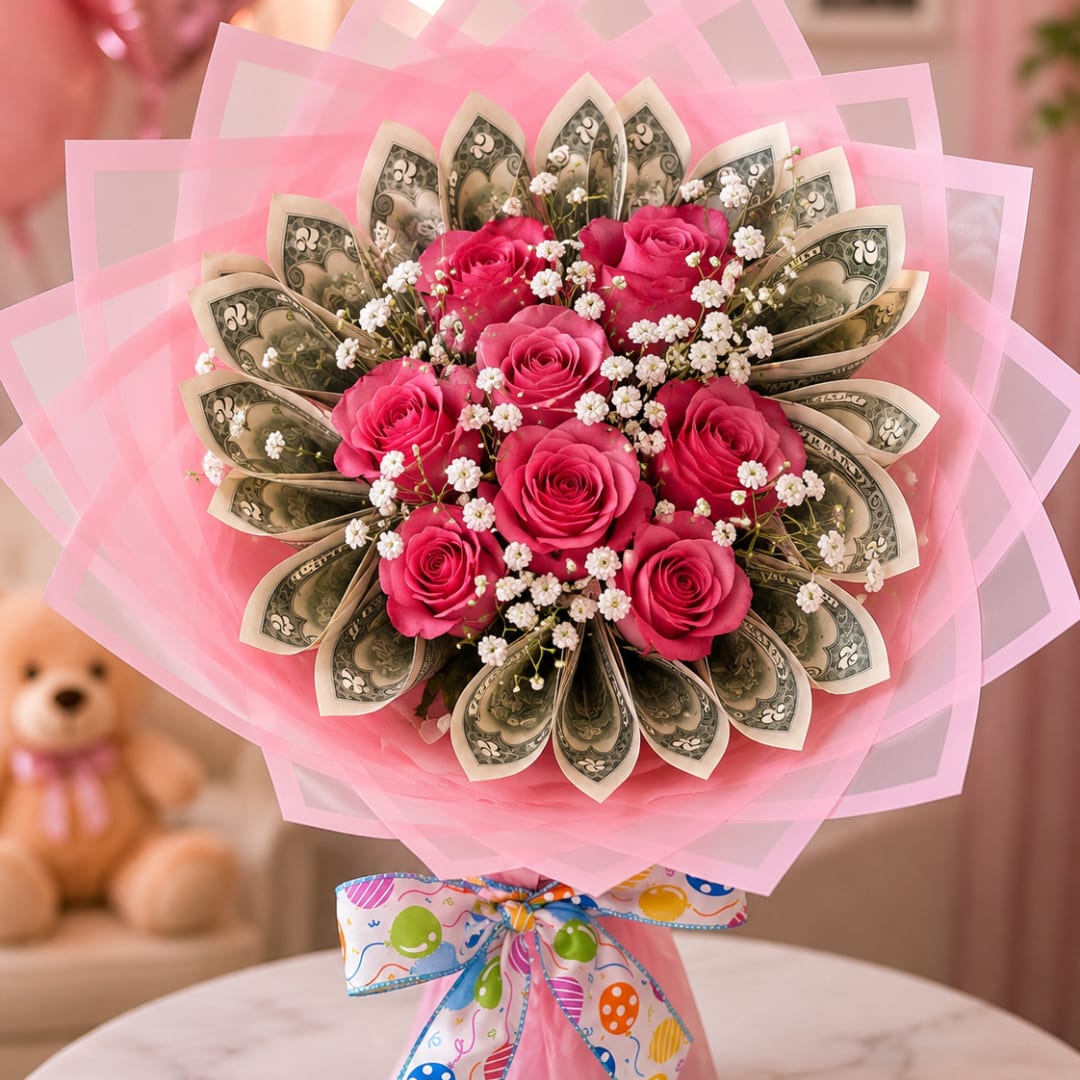 Pink rose bouquet wrapped with dollar bills and pink paper