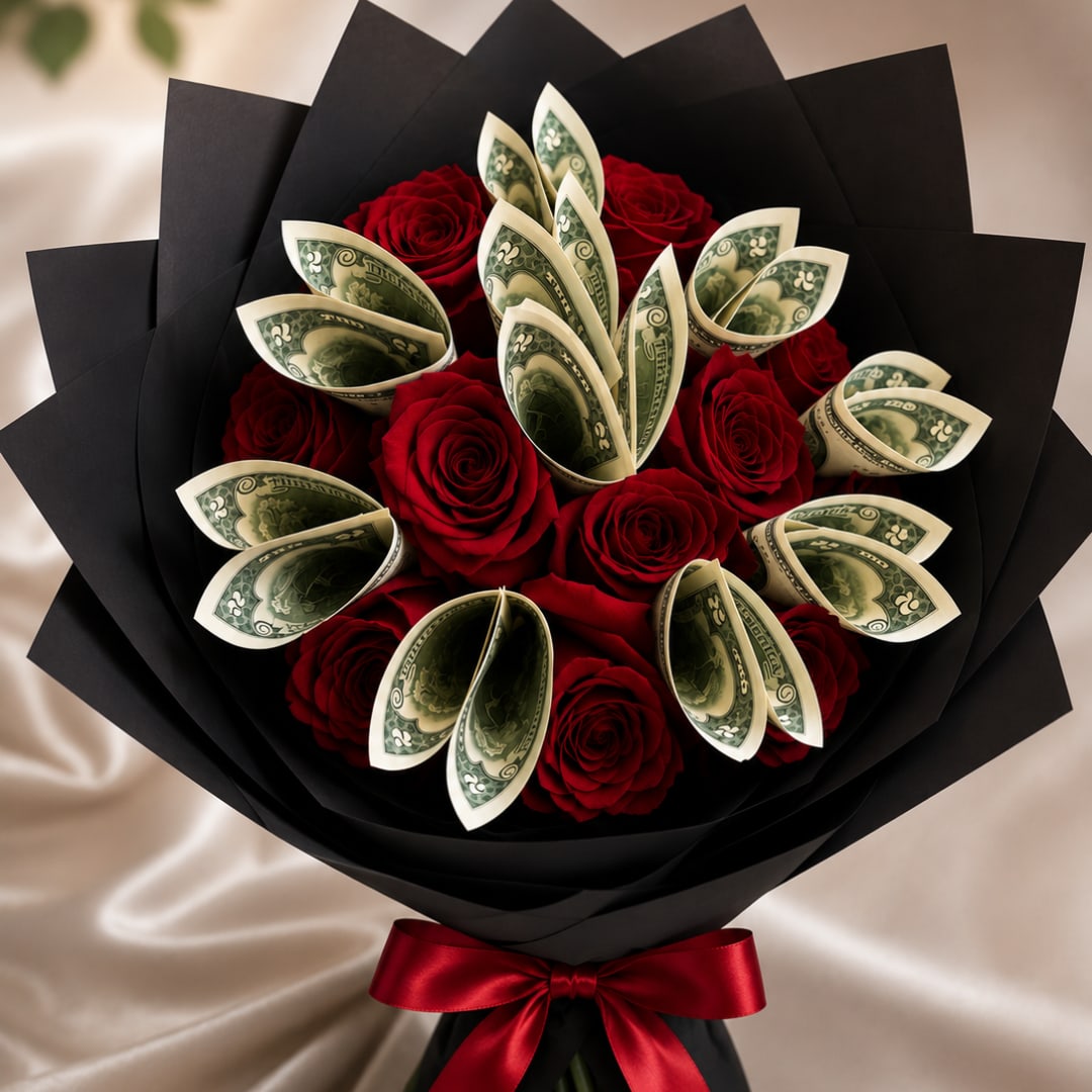 Bouquet of red roses with folded dollar bills in black wrapping