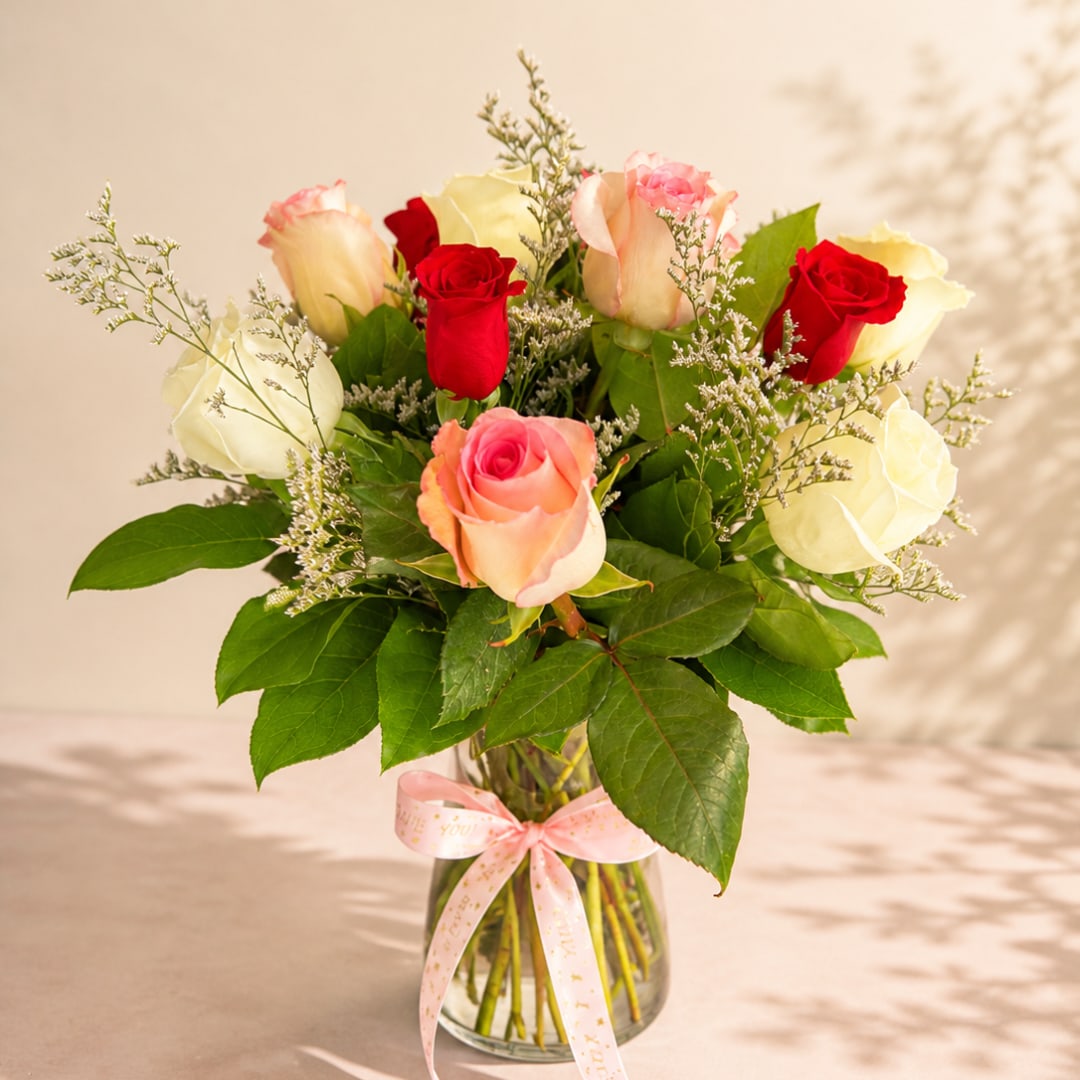 Bouquet of red, pink, and white roses in a glass vase