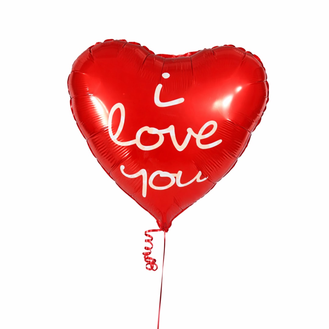 Red heart-shaped balloon with "I love you" text