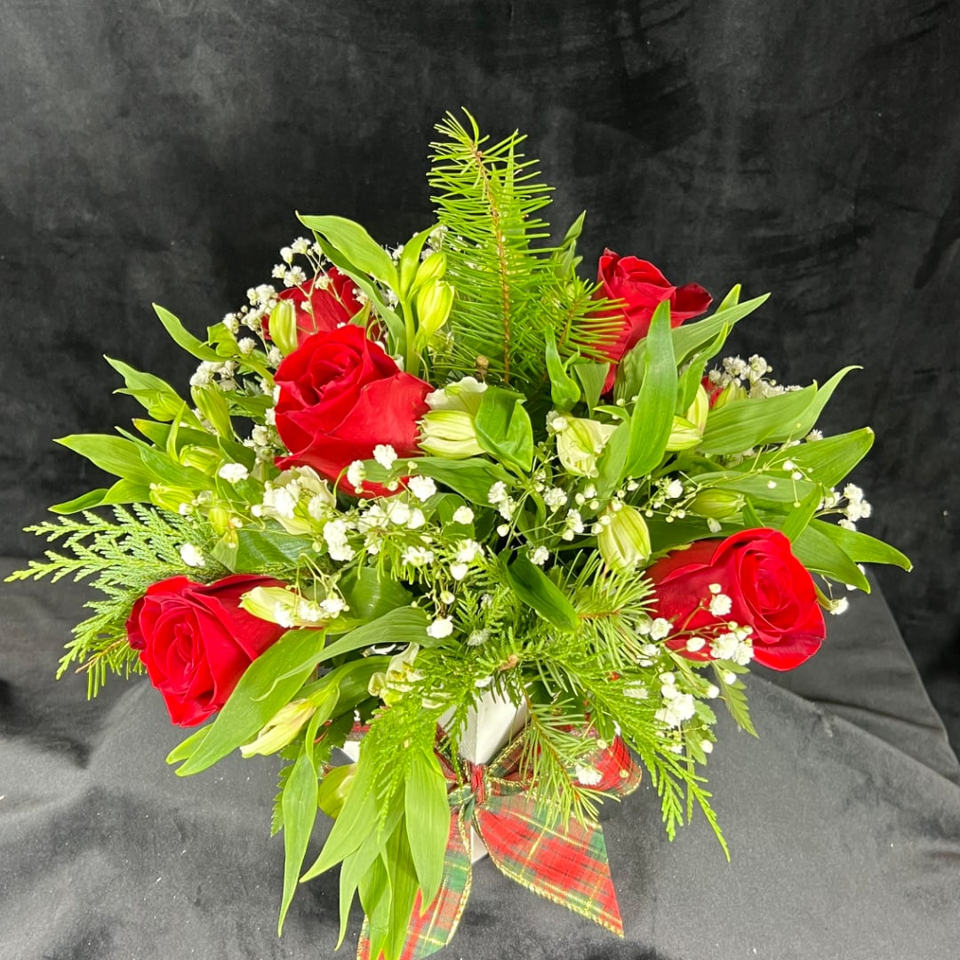 Red roses and white filler flowers in a white vase with plaid ribbon