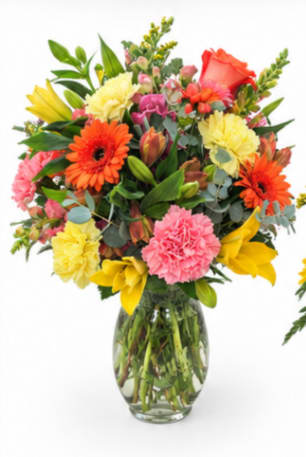 Colorful mixed bouquet in a clear glass vase