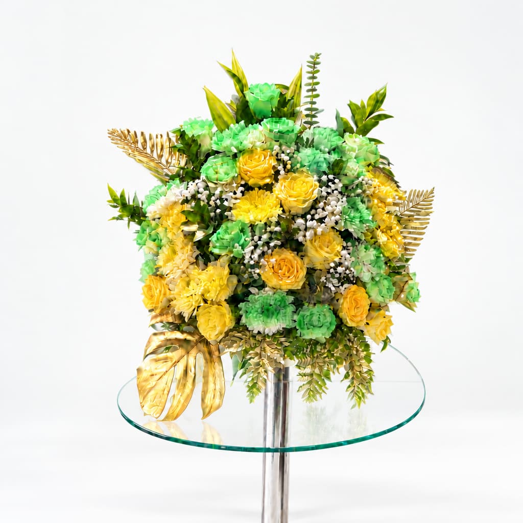Yellow and green floral arrangement in a clear vase on a glass table