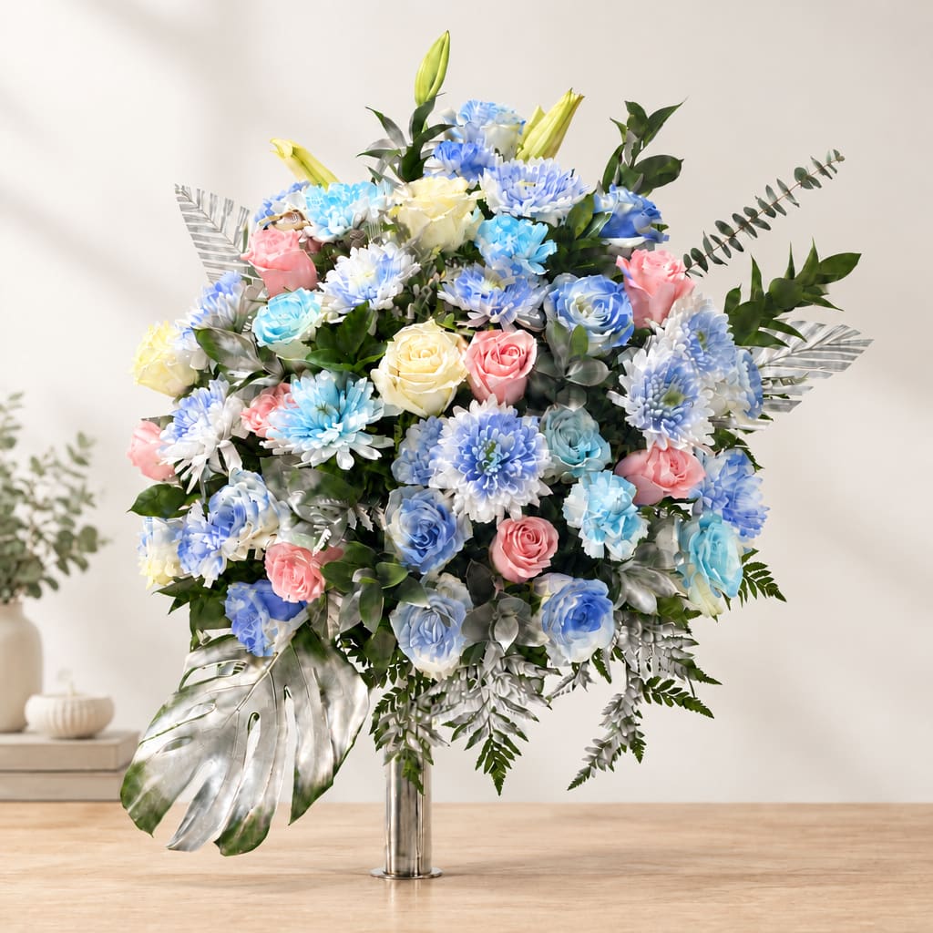 Large pastel bouquet of roses and mums in a clear vase