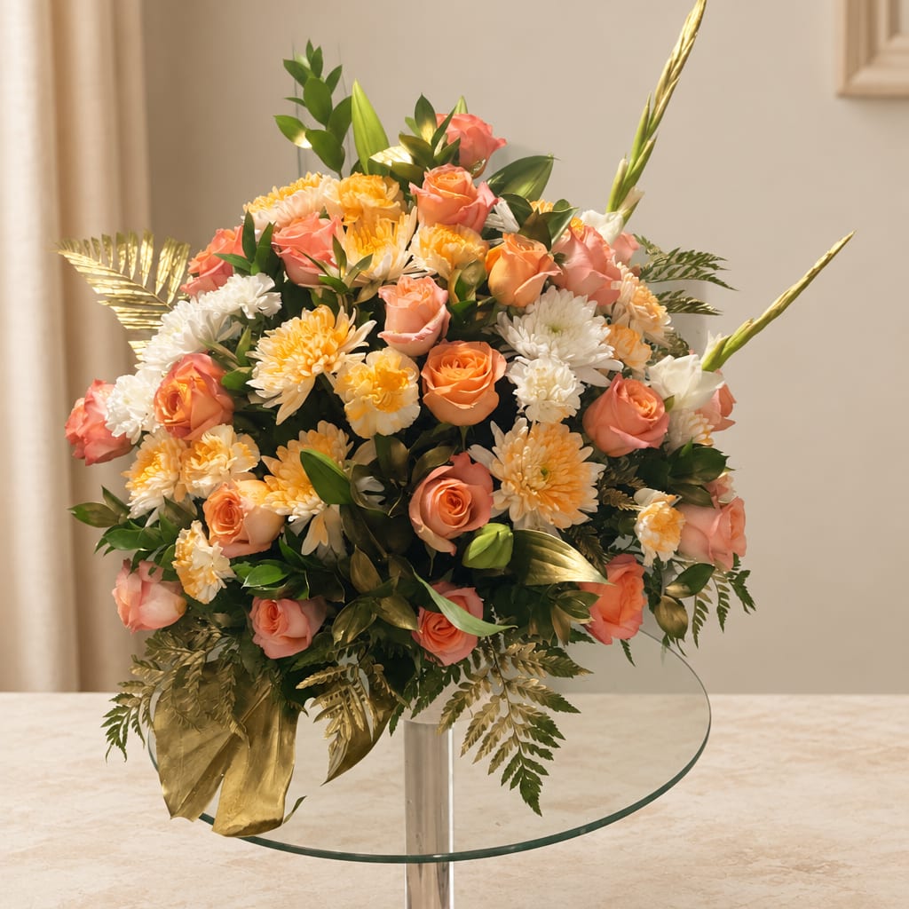 Round bouquet of peach roses and white chrysanthemums in a clear vase