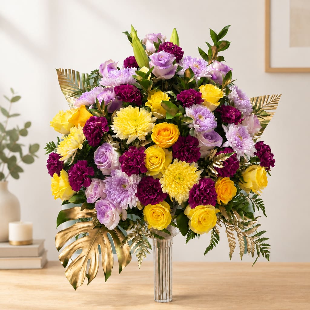 Bouquet of yellow, purple, and lavender flowers in a clear glass vase