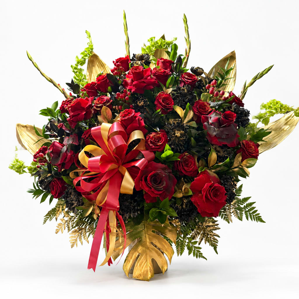 Large bouquet of red roses with gold leaves and a red-gold ribbon bow