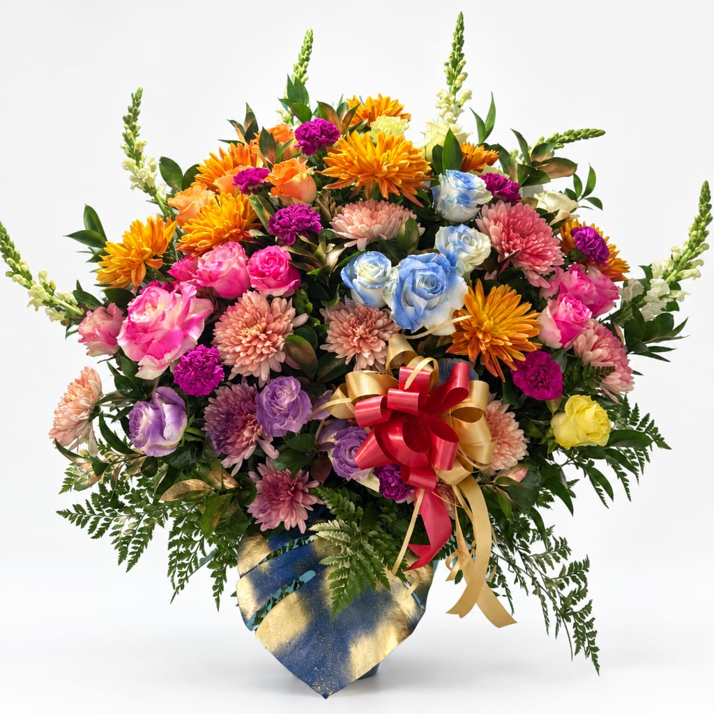 Colorful mixed bouquet with roses, chrysanthemums, and snapdragons in a decorative vase