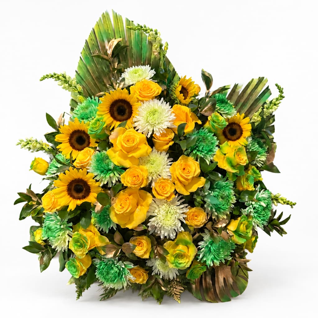 Yellow roses and sunflowers arranged with white and green blooms