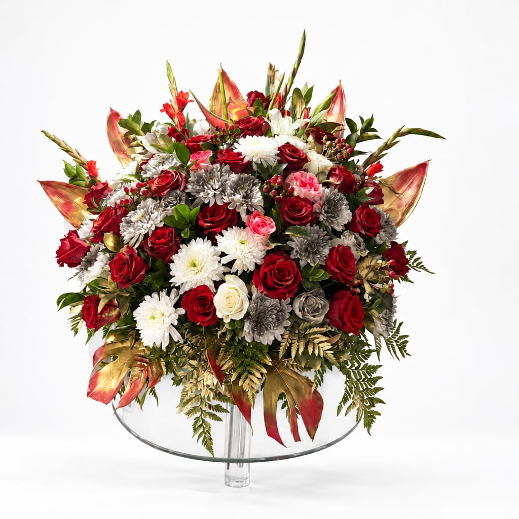 Large bouquet of red, white, and gray flowers in a clear glass vase