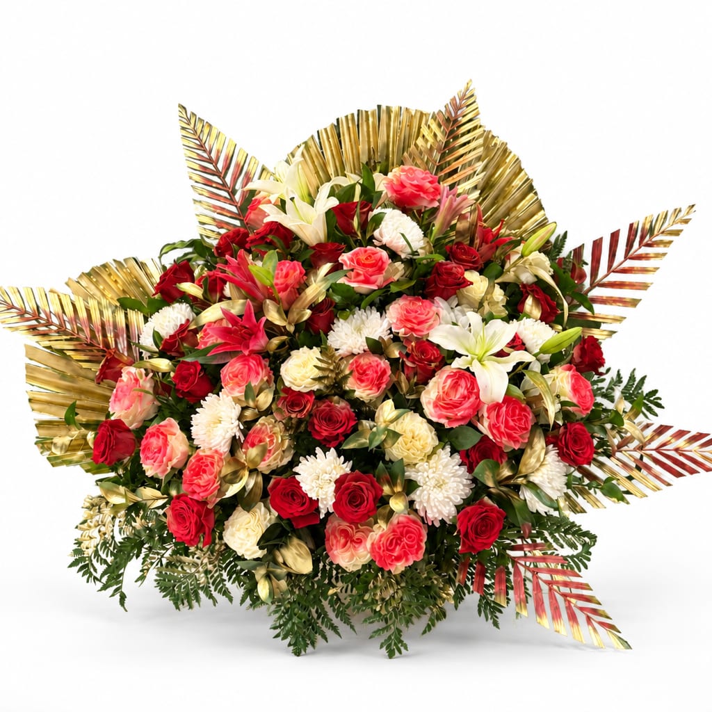 Large bouquet of red, pink, and white roses with gold palm fronds