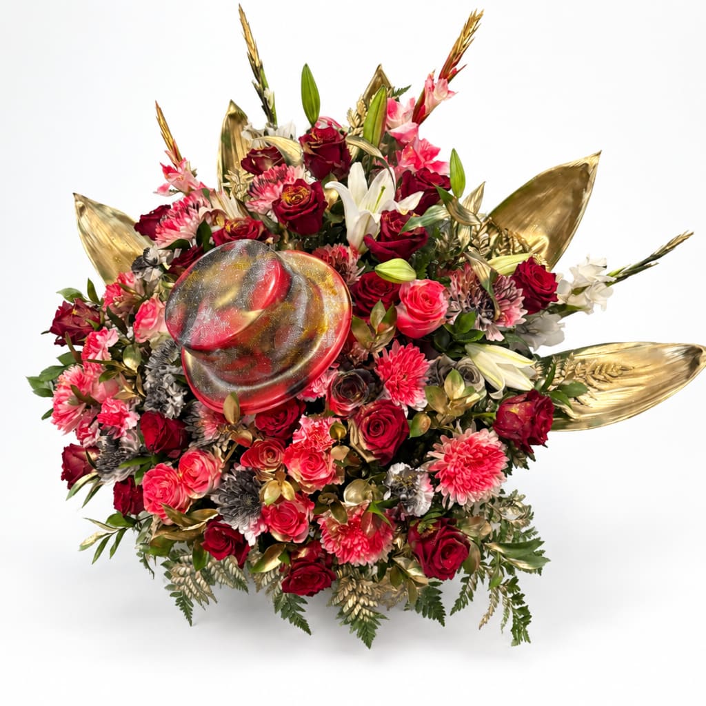 Large bouquet of red and pink roses with lilies and gold decorative leaves