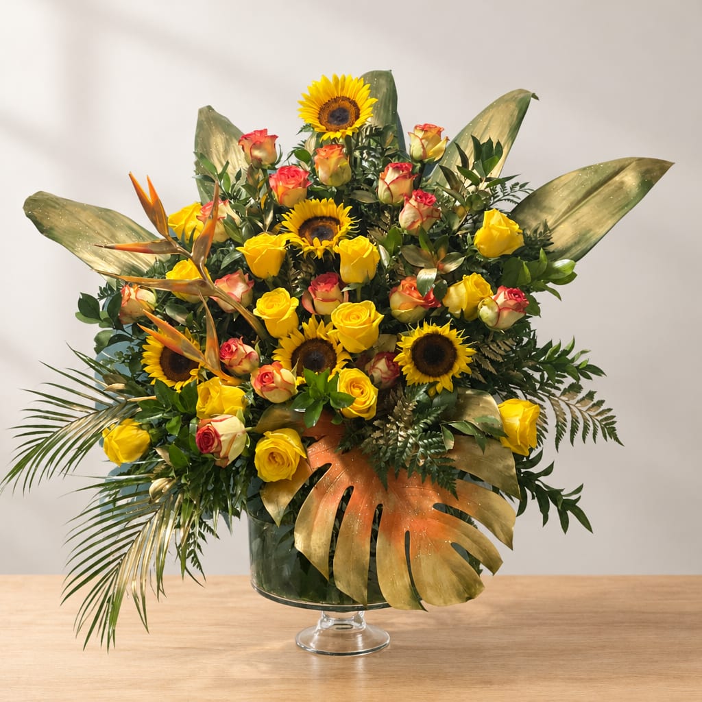 Large tropical bouquet with yellow roses and sunflowers in a glass vase