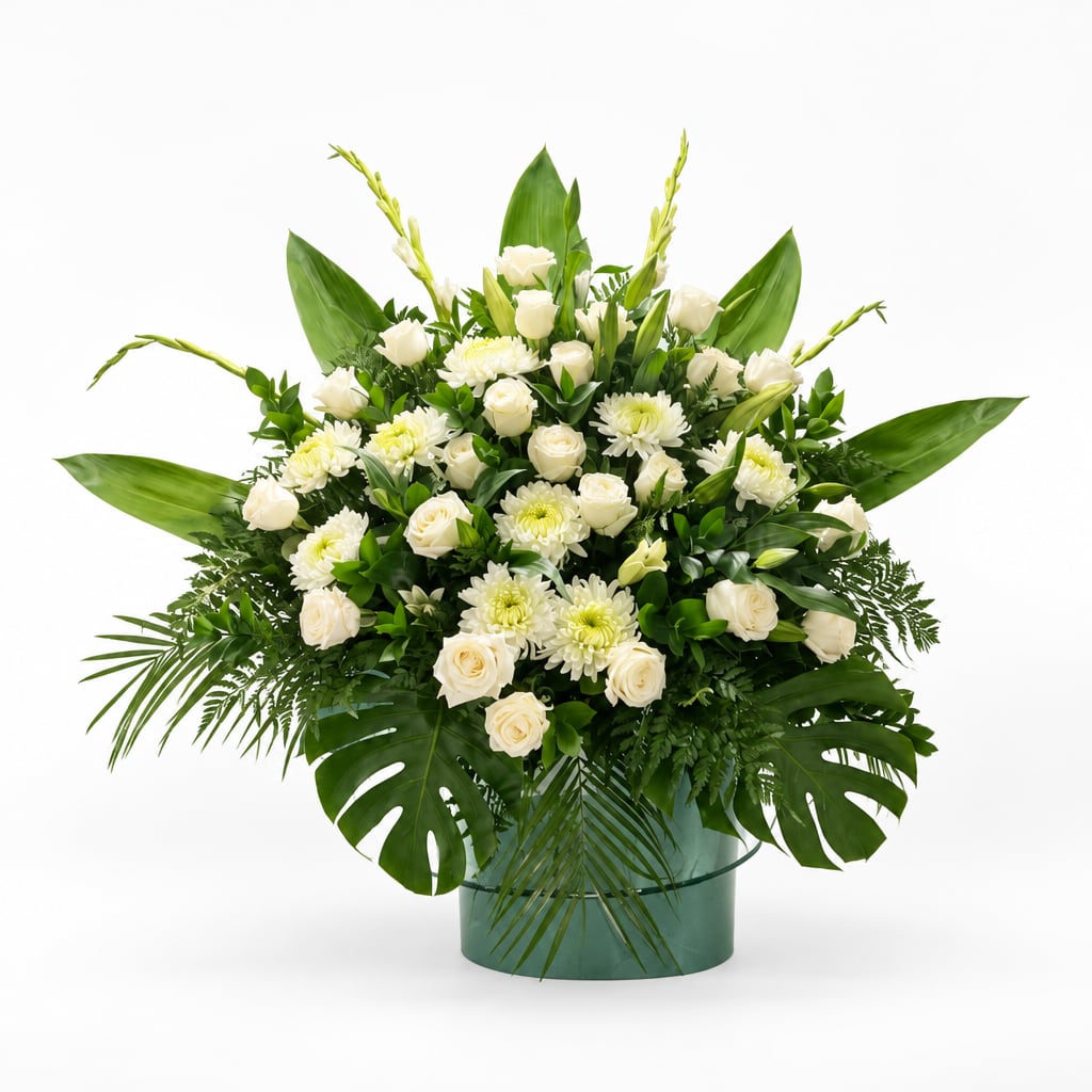 White roses and chrysanthemums in a green vase with tropical leaves