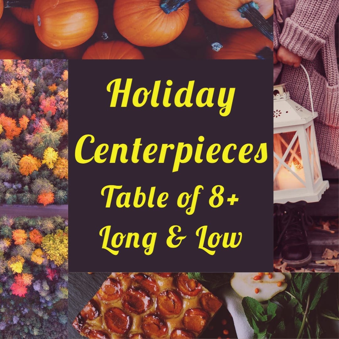 Holiday centerpiece collage with pumpkins, autumn florals, and a lantern