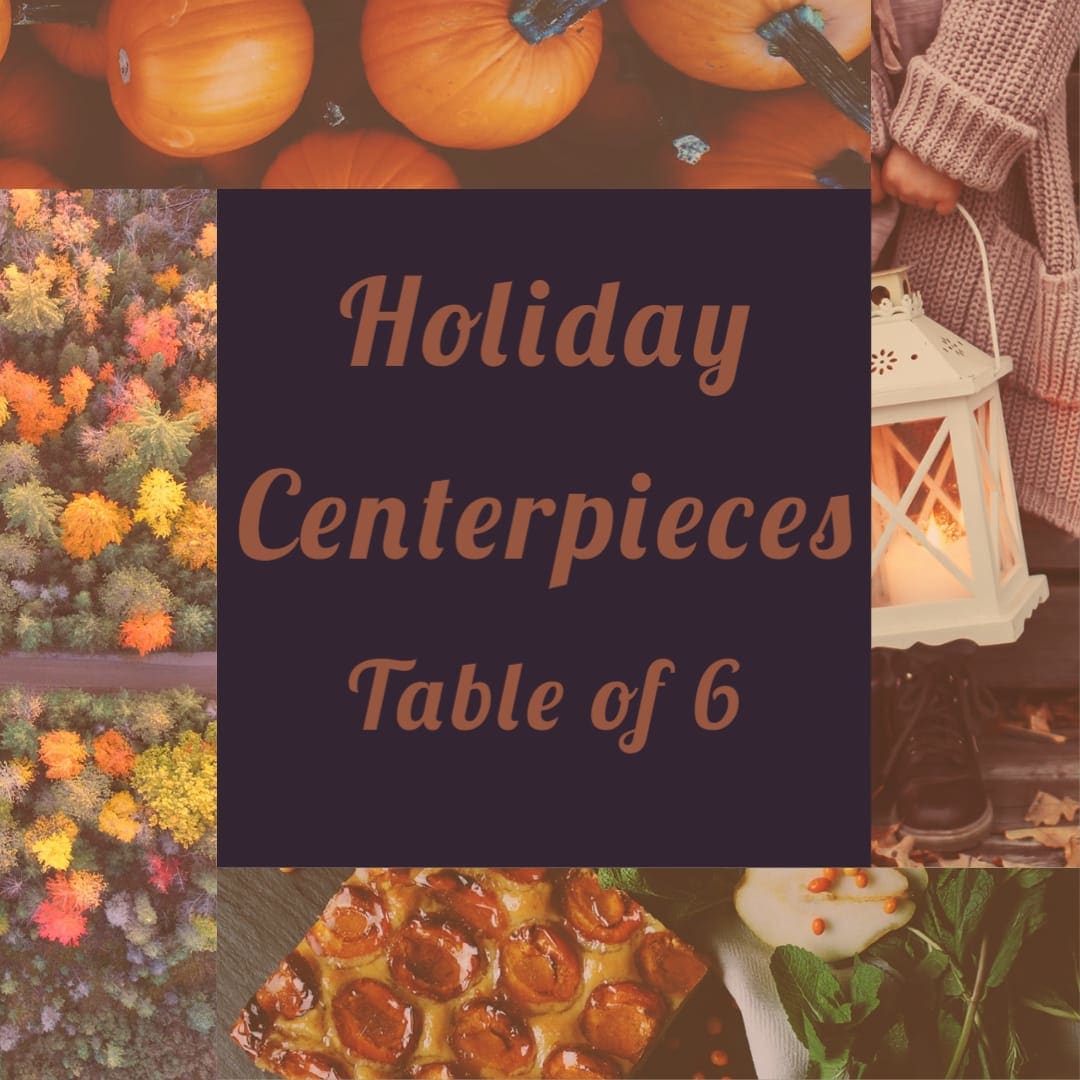Holiday centerpiece collage with pumpkins, lanterns, flowers, and autumn decor