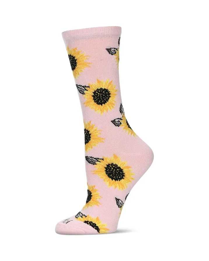 Sunflower Bamboo Blend Crew Socks- Pink - Sunflowers are known for being bright, cheerful, and happy-looking flowers. Who wouldn't love receiving a bouquet of these beauties?! Display your love for sunflowers on your feet with our Majestic Sunflower Bamboo Blend Crew Socks. They're made from a soft bamboo blend that gets even softer with each wash cycle. Plus, they are made from sustainable and eco-friendly materials.