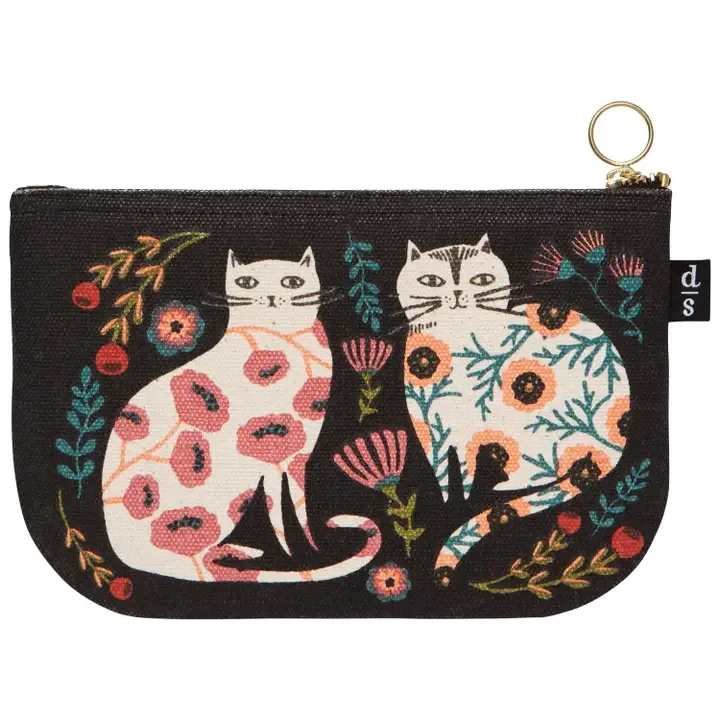 Catbloom Small Zipper Pouch - A small zipper Catbloom pouch made from sturdy 100% cotton is perfect for storing small accessories, travel essentials and more. A metallic zipper keeps contents secure, while a grommet tab adds convenience. Part of the Catbloom collection, this design offers a cat's eye perspective of these sly stewards of gardens. Fancy floral felines explore the world on their own terms. Dimensions: W4.5 x L7in  Material: 100% Cotton Care Instructions: Spot clean only.