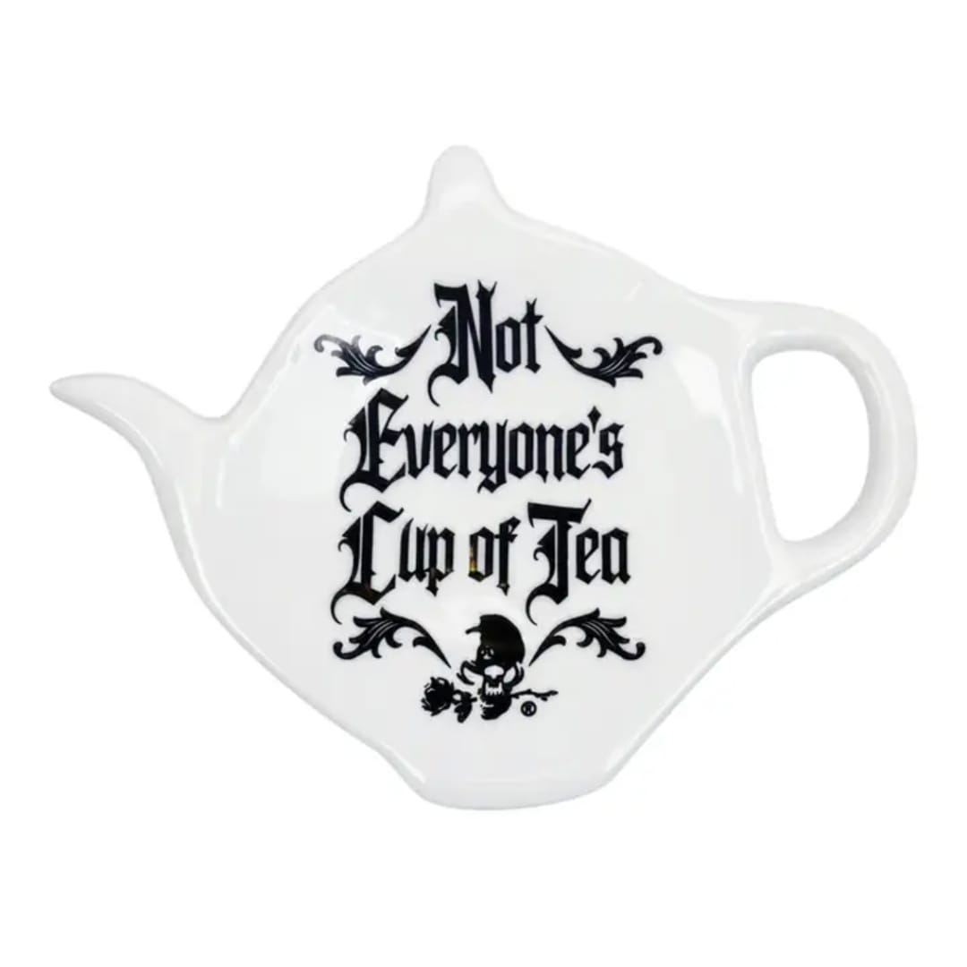 White teapot-shaped cup with black text reading Not Everyone's Cup of Tea