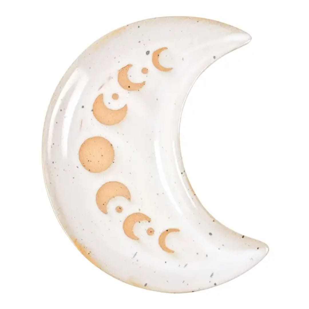Crescent moon ceramic decor with gold moon phase accents