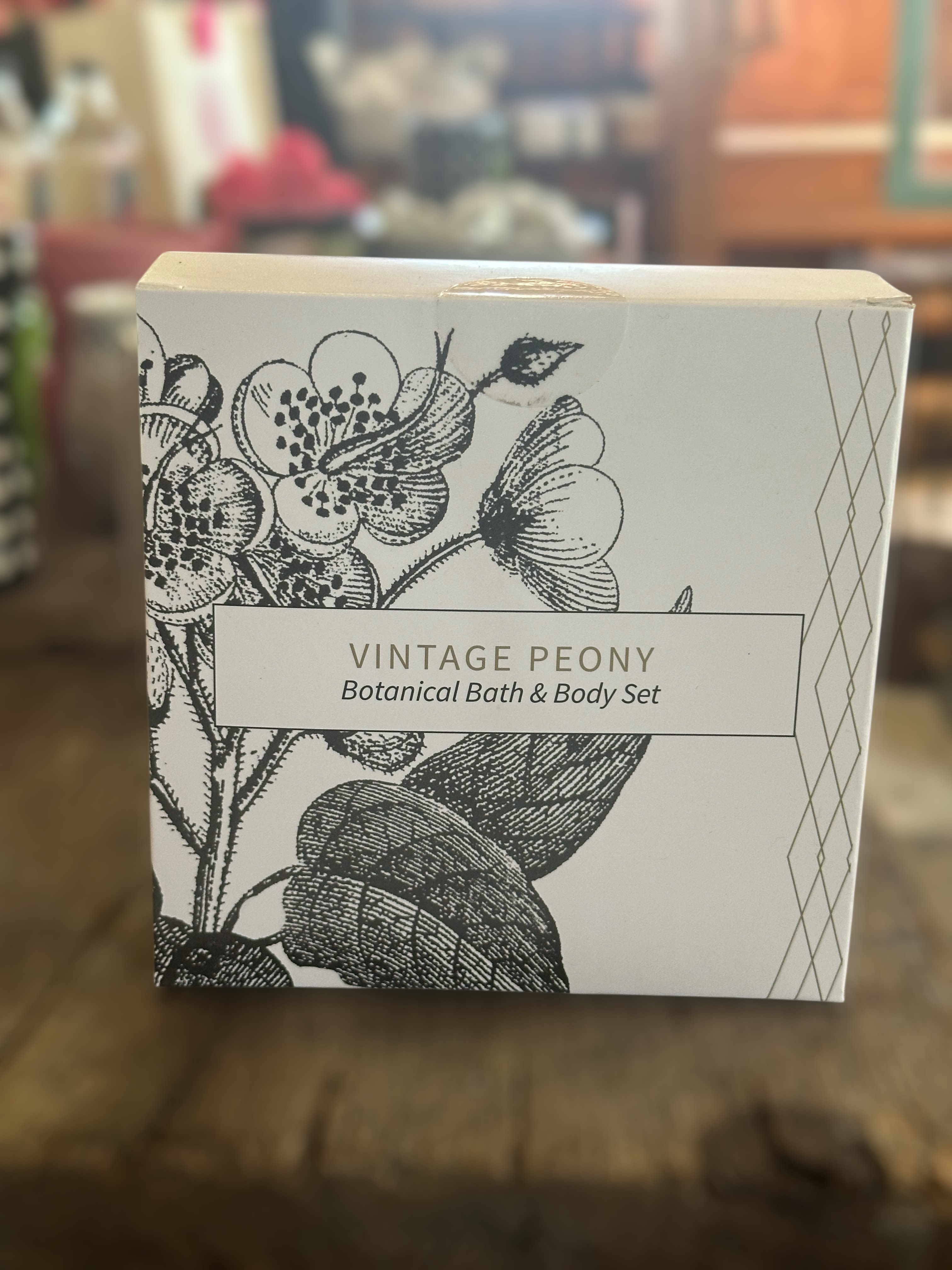 Box labeled Vintage Peony Botanical Bath &amp; Body Set
