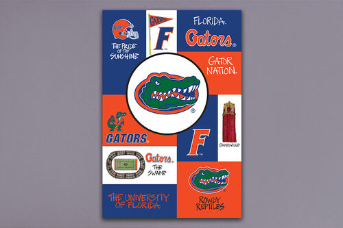 Florida Gators themed wall art with multiple logos and text