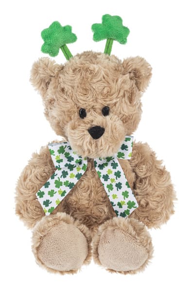 Teddy bear with shamrock headband and shamrock ribbon