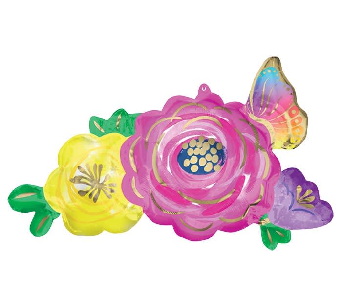 Colorful flower-shaped balloon decoration with pink, yellow, purple, and butterfly accents