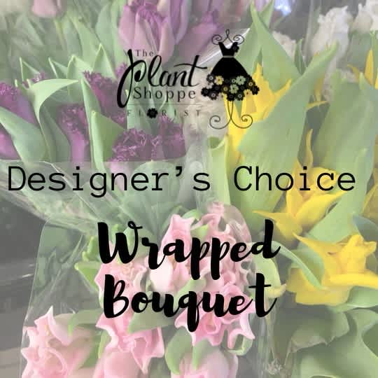Wrapped bouquets of pink and yellow tulips with a florist logo overlay