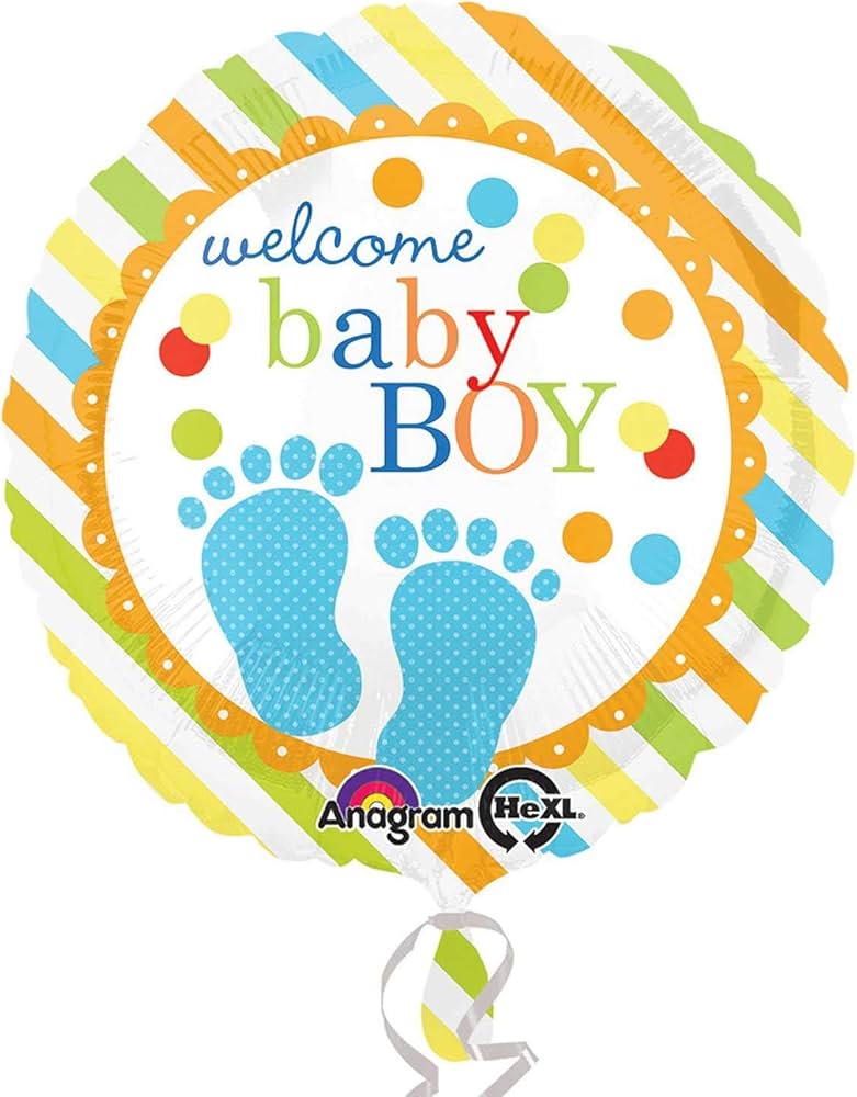 Round balloon reading welcome baby boy with blue footprints