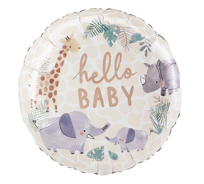 Round baby shower balloon with giraffe, rhino, and elephants