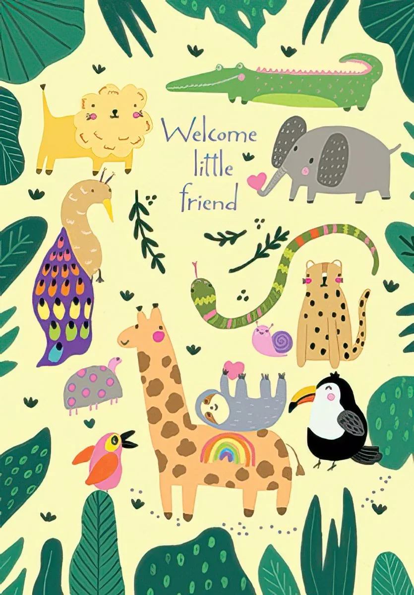 Animal-themed welcome card with colorful cartoon jungle animals